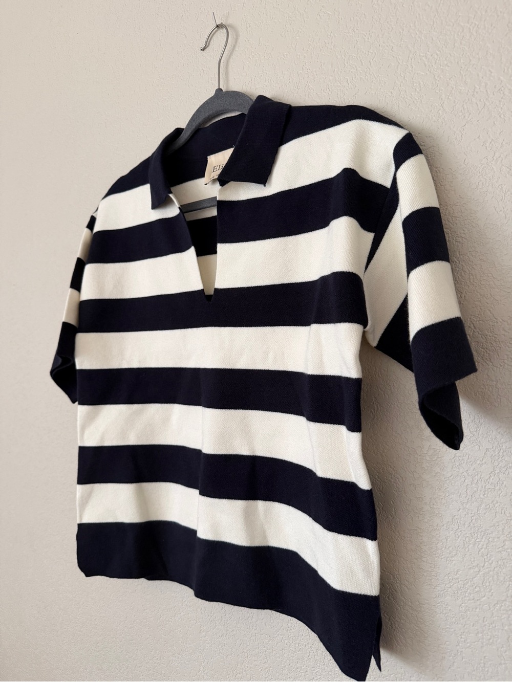 Elie Tahari Navy & Cream Striped Polo Knit Sweater - Picture 2 of 5